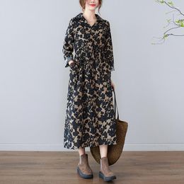 Casual Dresses Cotton And Linen Printed Dress Female Spring Fall Fashion Literary Retro Medium-length V-neck Bottoming