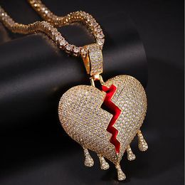 14K Iced Out Diamond Drip Broken Heart Pendant Necklace Bling Micro Pave Cubic Zirconia Simulated Diamonds 4mm 20inch Tennis Chain209b