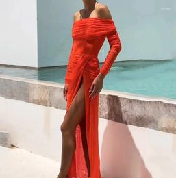 Casual Dresses Split 2023 Crease Long Dress Sexy Slit A Line Skirt Straight Collar High Waist Temperament Vacation Pography Party