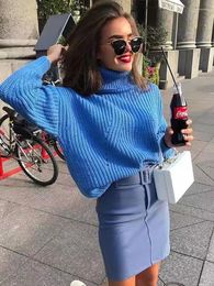 Women's Sweaters YLJHQX 2023 Autumn/Winter Women Fashion Blue Knit Sweater Versatile Long Sleeve Turtleneck Loose Female Pullover