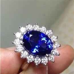 Lady's Blue Sapphire Gemstone 10KT White Gold Filled Charm Royal Wedding Princess Kate Diana Ring for Women Nice Gift255e