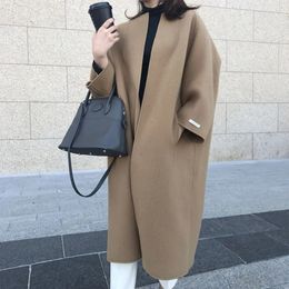 Women's Wool Blend's coat 2023 winter temperament extended solid Colour straight tube 230928