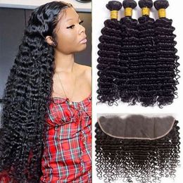 Synthetic s 38 40 Inch Deep Wave Bundles with 13x4 Lace Frontal 3 4 Natural Curly Peruvian Human Hair for Black Women 230928