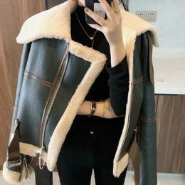 Designer green short jacket winter warm suede fake fur lined womens coat Korean thick winter jacket women's warm coats