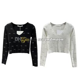 Sexy V Neck Knits Top Women Shiny Rhinestone Knitwear Designer Long Sleeve Knitted Pullovers