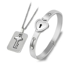 Valentine's Day Gift A Couple Jewellery Sets Stainless Steel Love Heart Lock Bracelets Bangles Key Pendant Necklace Couples255h