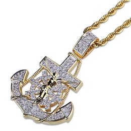 Iced Out Anchor Cross Pendant Necklace Two Tone Plated Micro Paved Cubic Zircon Mens Hip Hop Jewelry2625