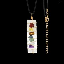 Pendant Necklaces Natural Selenite Stone Healing Crystals 7 Chakra Chip Stones Wire Wrapped Amethyst Rose Quartz Rectangle Shape Necklace