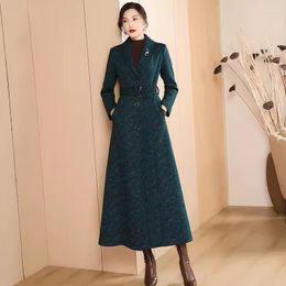 Women's Trench Coats Women Dark Green Print Overcoat Spring Autumn Vintage Fashion Single Breasted Slim Coat Elegant Exquisite Long