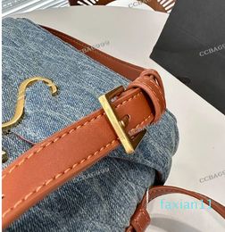 Denim Blue Box Bag Aged Gold Letters Metal Hardware Lock Two-Tone Adjustable Leather Strap Cross Body Shoulder Handbag Casual Satchel 19x15cm