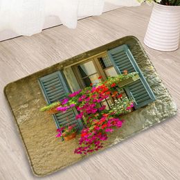 Bath Mats European Style Print Bathroom Window Tree Flowers Wall Doorway Kitchen Corridor Flannel Absorbent Non-Slip Carpets Washable