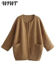 Women's Wool Blends Elegant Faux Woolen Loose Cardigan Women 2023 Autumn Winter Long Sleeve Pocket Midi Jackets Casual Office Lady Chic Streetwear 230928