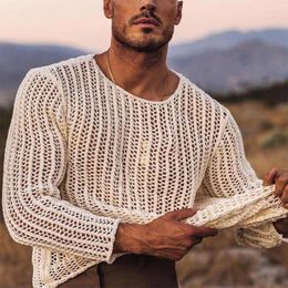 Men's T Shirts Men Mesh Top See Through Long Sleeves Round Neck Hollow-out Sexy Bottoming Shirt Knitted Clothing For Male