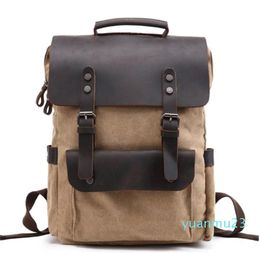 Men Canvas Backpack Vintage Leather Computer Backpacks Neutral Fashion School Bag Portable