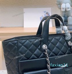 Large Capacity Women Designer Quilted Tote Bag with Top Handle Silver Metal Hardware Matelasse Chain Shoulder Handbag Luxury Purse 31x33/26x37cm