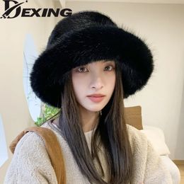 Wide Brim Hats Bucket Big Faux Fur Fluffy Hat for Women Luxury Plush Winter Thicken Snow Oversized Soft Panama Cap 230928