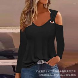 Women's T Shirts Long Sleeve Cold Shoulder Loose Tshirt Y2K Off-the-Shoulder Casual Top Women Solid Colour Streetwear Tops