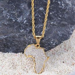 18k Gold Plated Iced Out Africa Map Pendant Stainess Steel Necklace with 3mm 24inch Rope chian263L