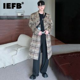 Men's Wool Blends IEFB Vintage Men Woollen Long Coat Niche Chequered Colour Contrast Overcoat Autumn Winter Male Over Knee Jackets 9C2484 230928