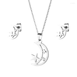 Necklace Earrings Set 10set/lot Stainless Steel Silver Color Moon Girl Pendant Chain Stud Earring For Women Fashion Jewelry Wholesale
