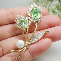 Brooches Tulip Flowers Woman's Pendant Brooch Pin Green Zircon Crystal Corsage