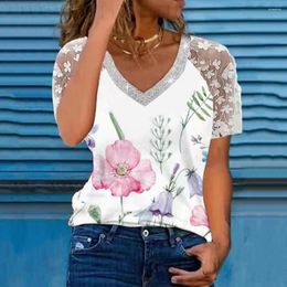 Women's Blouses Women Summer T-shirt Flower Print See-through Lace Patchwork Short Sleeves Loose Soft Shiny V Neck Breathable Top Clothing
