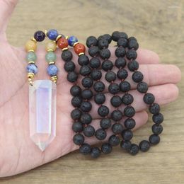 Pendant Necklaces Aura White Quartz Point Pendants Yoga Jewellery 8mm Lava Stone Round Beads Knotted Handmade AB Crystal Tower QC0130