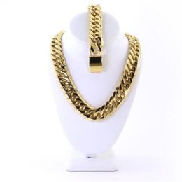 Mens Large Thick 14K Gold Plated Miami Cuban Chain And Bracelet Set 21mm JayZ268Y