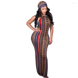 Ethnic Clothing Africa Sexy Multicolor Striped Printed Off Shoulder Sleeveless Dress With Headscarf Maxi Women Bohemian Party