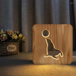 Night Lights Wood Light Sea Lions Play Ball Show Modelling Bedroom Lamp Baby Sleep Gifts USB Powered Led Mood Decor