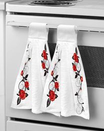 Towel Red Rose Vine Kitchen Cleaning Cloth Absorbent Hand Household Dish