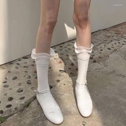 Women Socks 1 Pair Spring Summer Double Layered 3D Ruffle Middle Tube Ins Style Simplicity Solid Color Decorative Mid