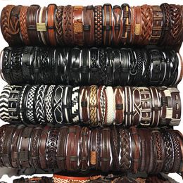 whole 100pcs lot Cuff Leather Bracelets Handmade Genuine Leather fashion bracelet bangles for Men Women Jewellery mix Colours bra263R