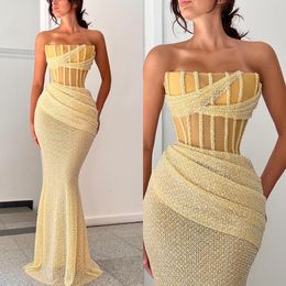 Sexy Gold Mermaid Prom Dresses Bone Bodice Strapless Sequins Evening Dress Pleats Formal Long Special Ocn Party Dress