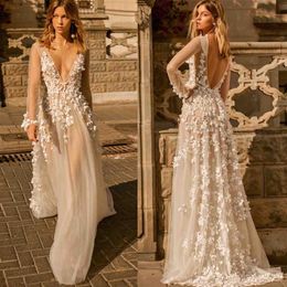 2020 Autunno Berta Abito da sposa Sheer Manica lunga Scollo a V Abiti da sposa Sexy Illusion 3D Applique Backless Boho Abito da sposa2735