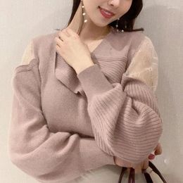 Women's Sweaters Sweet Fairy Asymmetric Strapless Tulle Stitching Knitted Tops Women Long Sleeve Pullover Woman Japanese-style Sweater