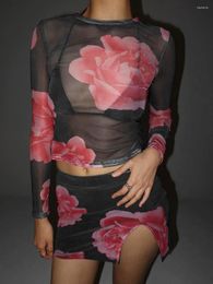 Women's Tanks Women S Summer Mesh Suit Floral Print Long Sleeve Sheer Crop Tops Mini Hip-hugging Short Skirt Set Streetwear