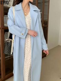 Women's Wool Blends EWQ Thick With Belt Woollen Coat For Women Notched Long Sleeve Blue Fashion Overcoat Jacket 2023 Autumn Winter 16U5027 230928