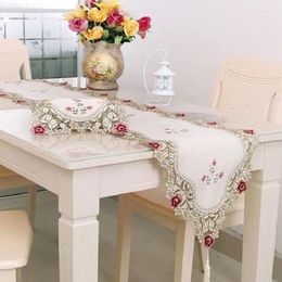 Table Runner Satin Flowers Embroidered Home Decor Luxury Banquet Wedding Chemin De Mesa Mariage Tafelloper