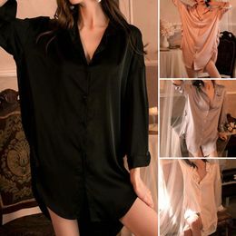 Women's Sleepwear Women Nightdress Turn-down Collar Solid Colour Satin Long Sleeves Loose Single-breasted Irregular Hem Sleeping Shirt