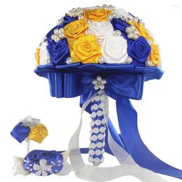 Decorative Flowers High Quality 18cm Silk Rose Artificial Bouquet Holding Flower Brooch Wrist Set