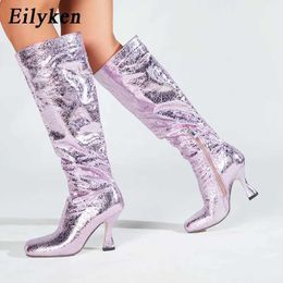 Fashion Design Knee-High Women Boots Fashon Square toe High Heels Bling Patent Leather Autumn Winter Booties Shoes 230922