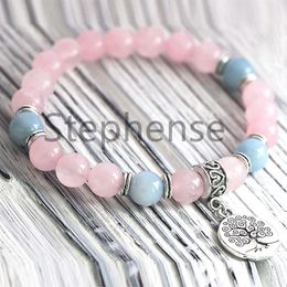 MG0640 Women's Rose Quartz Bracelet A Grade Aquamarine Energy Bracelet Tree of Life Charm Yoga Mala Bracelet265M