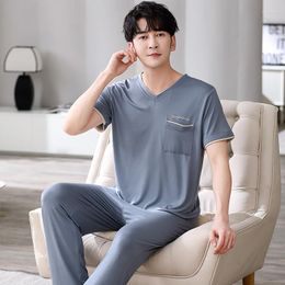 Men's Sleepwear Summer Modal Pijamas For Men Homesuit Big Size Short Sleeve Long Pants Solid Colour Round Collar Casual Tracksuit