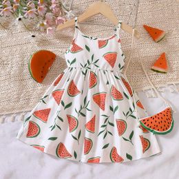 Girl Dresses Toddler Girls Spaghetti Strap Dress Kids Sleeveless Floral Watermelon Print Princess Casual Party Crossbody Bag Sets