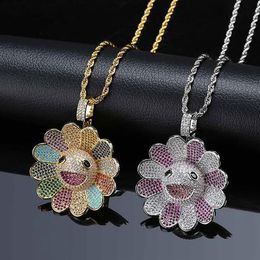 14K Gold Plated 3 Colors Colorful Bearing Sunflower Spins Pendant Necklace Micro Pave Cubic Zirconia Diamonds with 24inch Rope cha319S