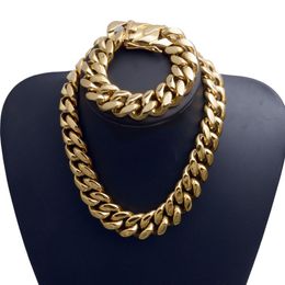 22mm Exaggerated Super-Wide Men Cuban Link Chain Jewlery Set Hip Hop Stainless Steel Choker Necklace Bracelet 18K Gold Plated 16&q2997