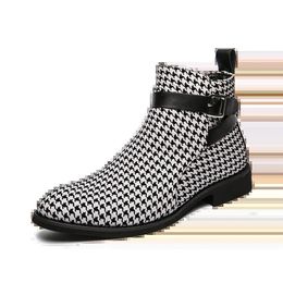 Boots Men Ankle Houndstooth Dress Shoes Business Leather Buckle Strap Flat Pointed Toe Male Casual Nightclub Party 230928