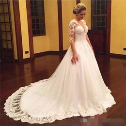 Elegant Church A Line Wedding Desses V Neck Long Sleeve Court Train Bridal Gown Custom Made Robe De Mariee