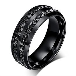 2018 New Fashion Men's Ring Black Crystal Ring Titanium Steel Full-Drill Double Row Circle Diamond Wedding Ring289L